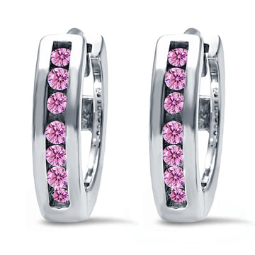 Half Eternity Hoop Earrings Round Simulated Pink CZ 925 Sterling Silver (11mm)